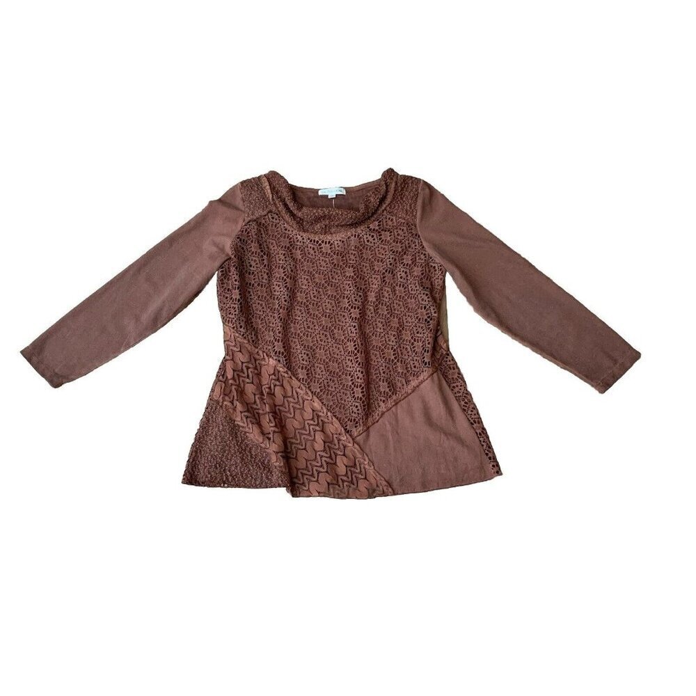 Cactus + Pearl Blouse Women's Rust Brown Large Cowl Neck Lace Overlay NWT